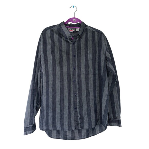 Brittania XL Blue Gray Striped Button Down Shirt 90s Retro Casual Street Style - Picture 9 of 16